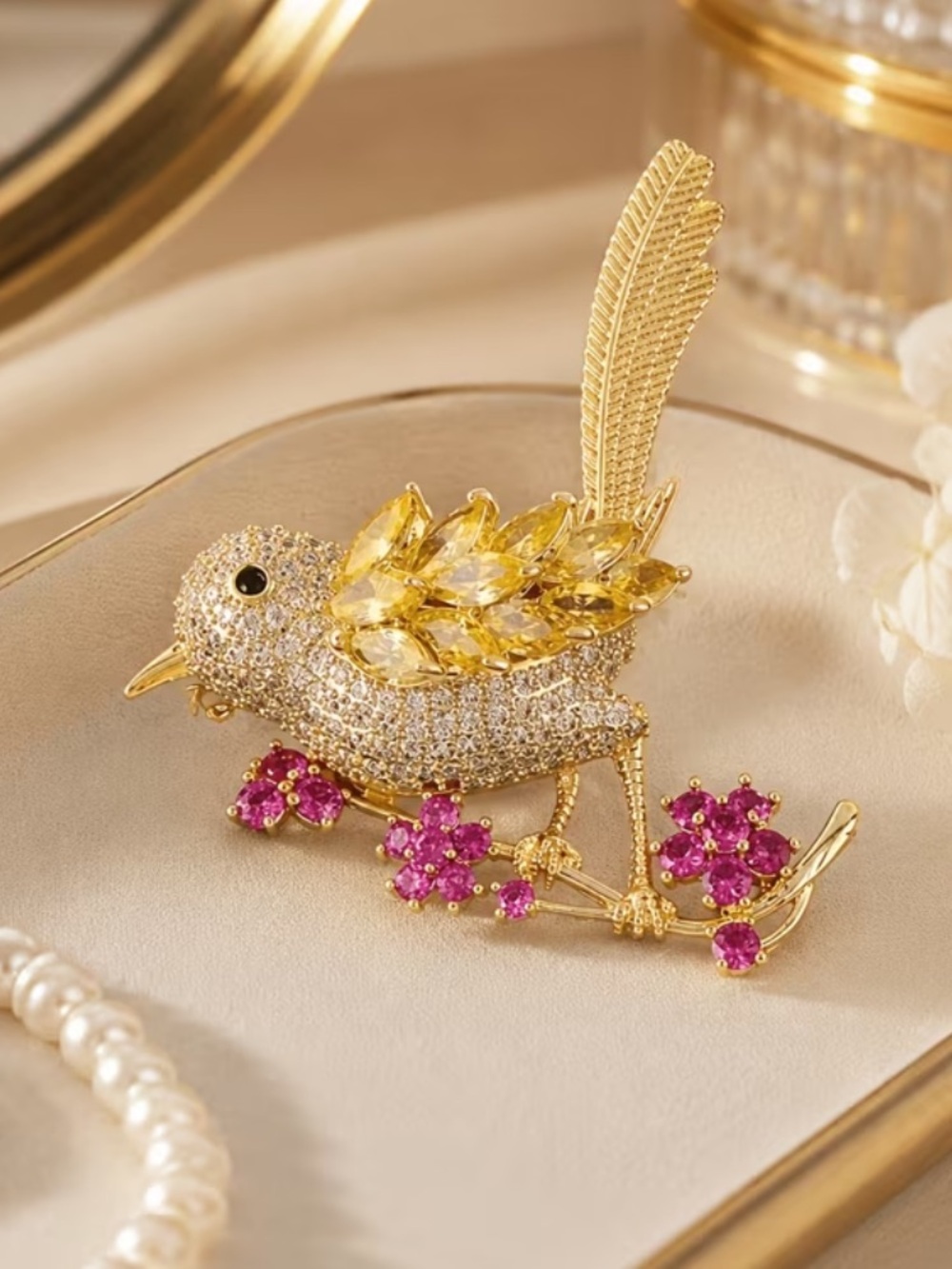 Bird Brooch with Pink Accents - Elegant Pet Bird Jewelry